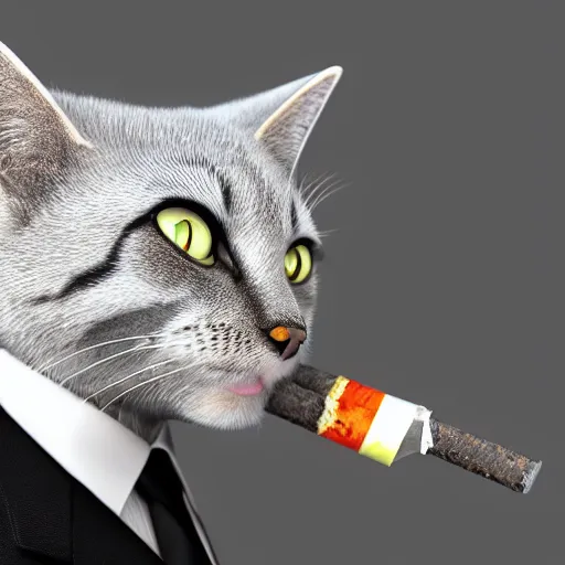 Image similar to a high quality photo of a cat wearing a suit and smoking, render, ultra realistic, cgsociety