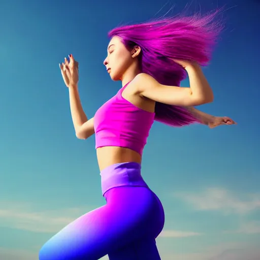 Image similar to a award winning half body shot of a beautiful woman in a croptop and leggings with a ombre purple pink teal hairstyle with head in motion and hair flying, outrun, vaporware, highly detailed, fine detail, intricate