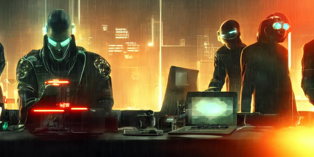 Prompt: 3 gards in an office hacking into a computer using a laptop, matrix style falling orange text in the background, cyberpunk, artstation