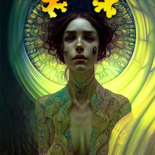 Image similar to An extremely psychedelic experience, surreal, dramatic lighting, magic mushrooms, psilocybin, LSD, face, detailed, intricate, elegant, highly detailed, digital painting, artstation, concept art, smooth, sharp focus, illustration, art by Krenz Cushart and Artem Demura and alphonse mucha