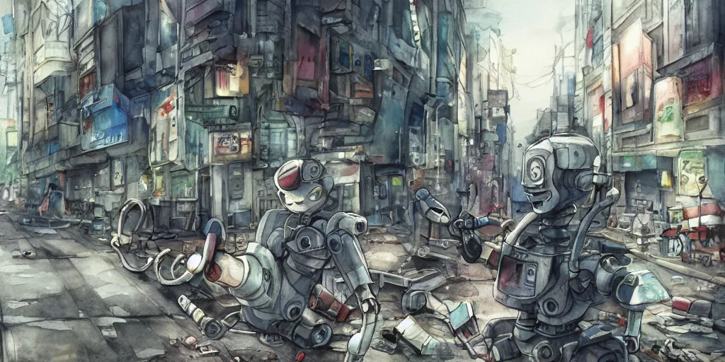 Image similar to watercolour painting of a broken robot repairing its own arm in a post apocalyptic city street, anime, pencil lines, light watercolour, pale sky, beautiful artwork, anime screenshot, akihabara