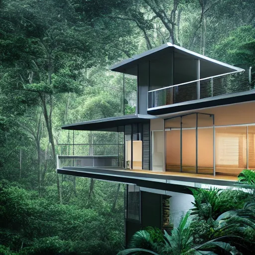 Image similar to High quality realistic photograph of a modern house in the middle of a rain-forest