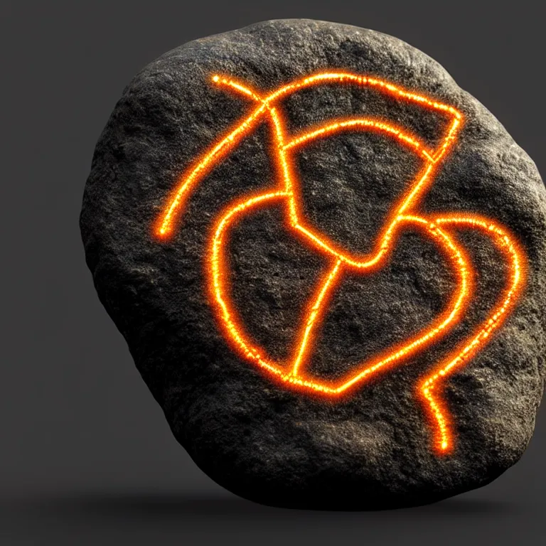 Image similar to photo of a large pebble with a glowing runes drawn on it. pebble is completely wrapped with copper wire like an electromagnet. extremely high details, octane rendering, cgsociety