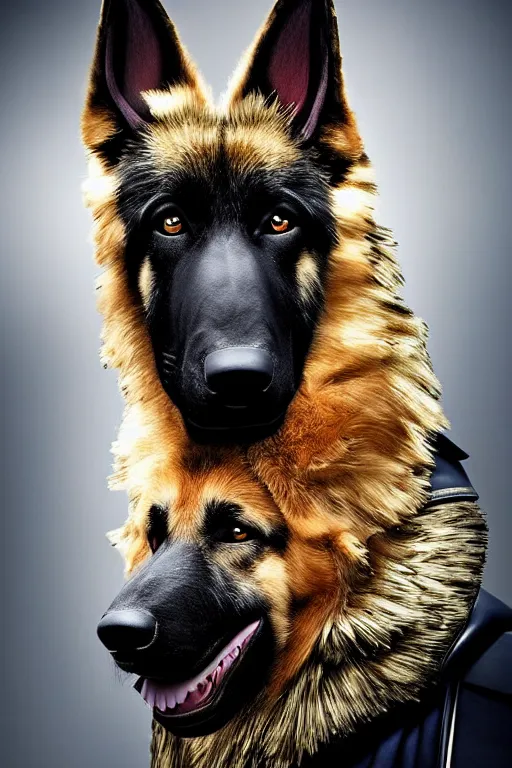 Image similar to donald trump knight wearing a real german shepherd on his head, armor designed by wayne barlowe, swarovski and tiffany, blonde hair, symmetry, sci - fi, cinematic, elegant, luxury, perfect light, perfect composition, dlsr photography, sharp focus, dark fantasy, 8 k, ultra hd, sense of awe, highly detailed, realistic, intricate