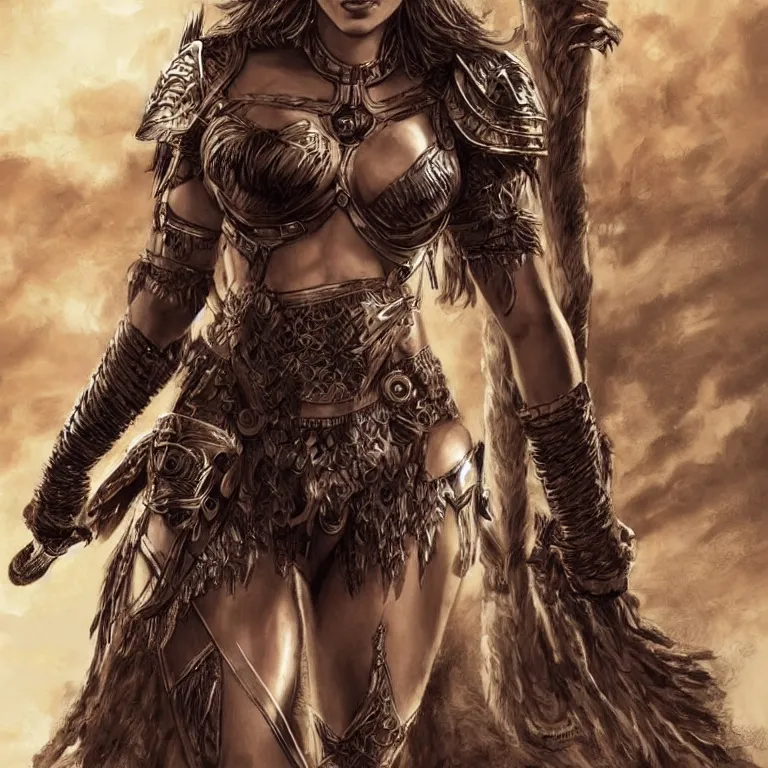 Prompt: scarlett johannson as an amazon warrior, a tall beautiful woman with brown skin and long hair, dressed in hellenistic body armor, intricate, elegant, highly detailed, smooth, sharp focus, detailed face, art by ardian syaf