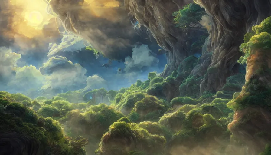 Image similar to a village below the great world-tree of Yggdrasil, dramatic volumetric clouds, cozy wallpaper, 4k, high details, volumetric magical lighting, motion blur, blur, trending on Artstation, award-winning, art by Studio Ghibli, by Chris Moore