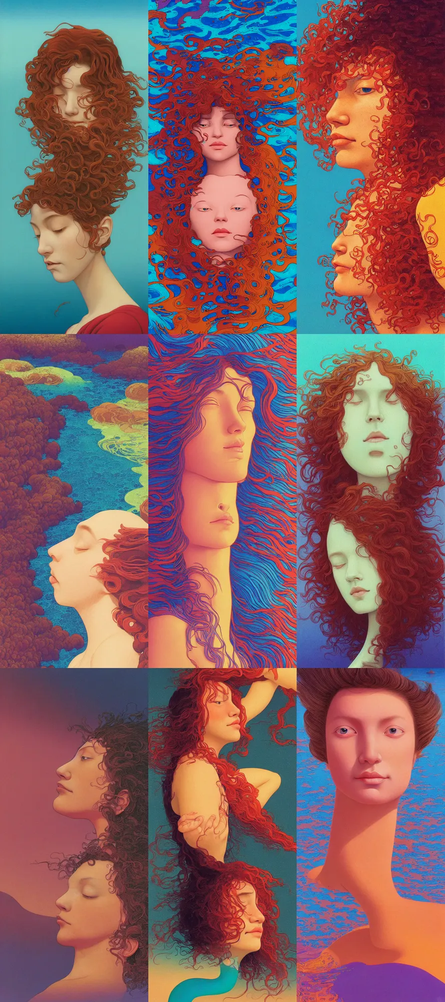 Prompt: a colorful vibrant closeup portrait of a simple caucasian woman with curly mid length brown hair with a calm afraid aesthetic face half submerged in water and dreaming psychedelic hair, by kawase hasui, moebius, edward hopper and james gilleard, zdzislaw beksinski, steven outram colorful flat surreal design, hd, 8 k, artstation