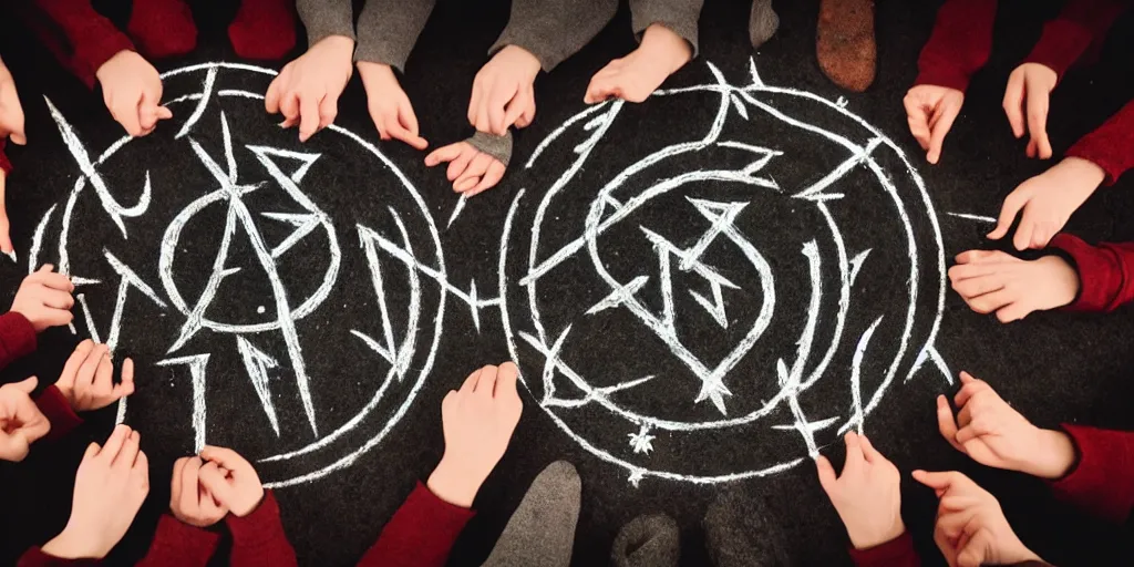 Prompt: group of mages in a circle, wearing hoods, casting a spell, runes surrounding the center, mysterious