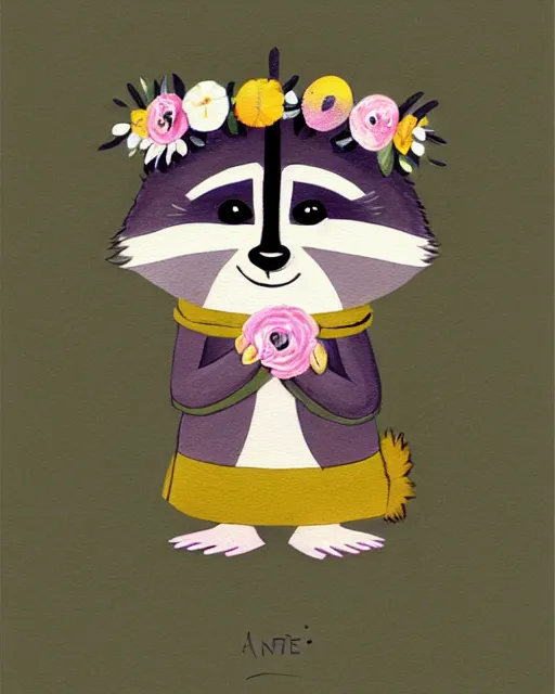 Image similar to a watecolor painting of a smiling happy cute raccoon wearing a flower crown, by antoine de saint - exupery and annabel kidston and naomi okubo and jean - baptiste monge. a child storybook illustration, muted colors, soft colors, low saturation, fine lines, white paper