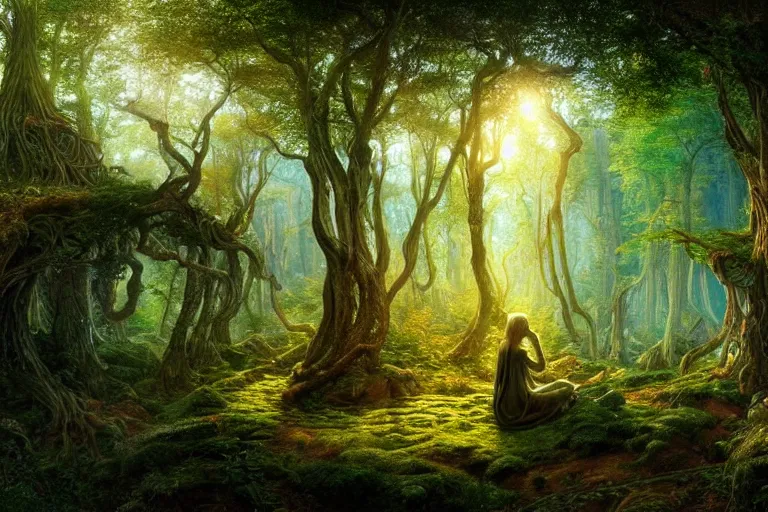 Image similar to a beautiful and highly detailed digital painting of a beautiful elven monument in a dreamy forest in the mystical mountains, psychedelic patterns, intricate details, epic scale, 8 k, sharp focus, photorealism, artstation, cgsociety, by caspar friedrich, albert bierstadt, james gurney, brian froud,