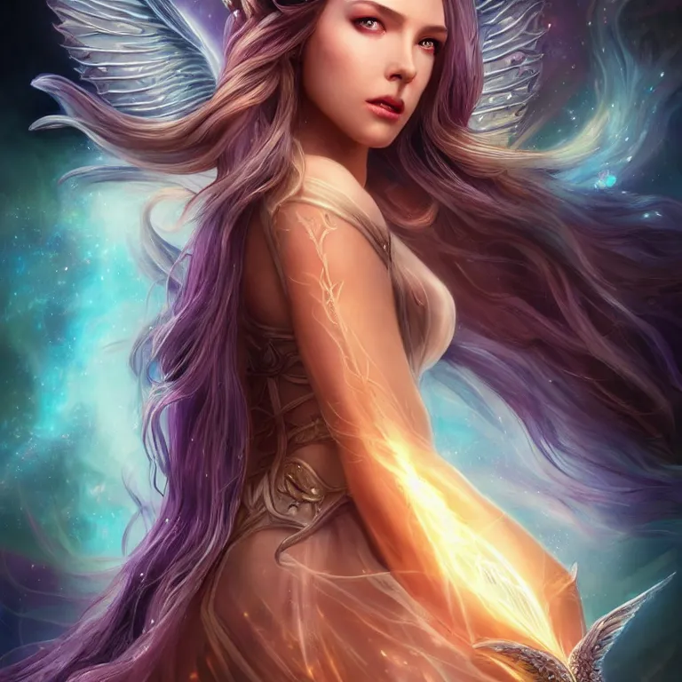 Image similar to beautiful cinematic fantasy poster, a beautiful princess queen with dark rainbow angel wings with flowing illuminated hair, beautiful glowing galaxy eyes, wideshot ultrawide angle epic scale, hybrid from The Elden Ring and art direction by Darius Zawadzki ;by artgerm; wayne reynolds art station; cinematic quality character render; low angle; ultra high quality model; production quality cinema model;