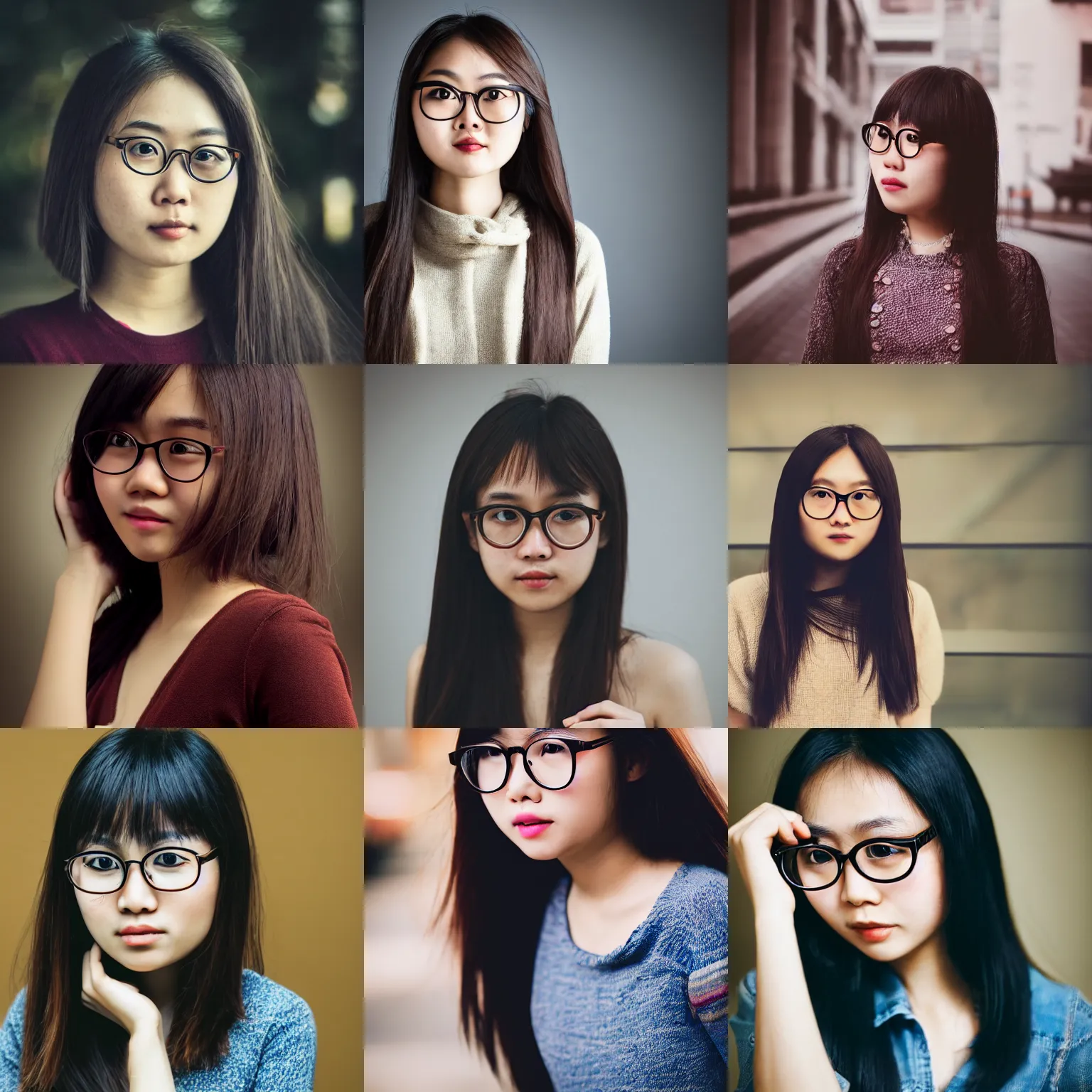 Prompt: portrait, award - winning, beautiful, cute, adorable, round faced, dark brown colored long hair, wearing round glasses and trendy clothing, asian girl, bokeh, dimly lit, intricate, highly detailed face, 8 k