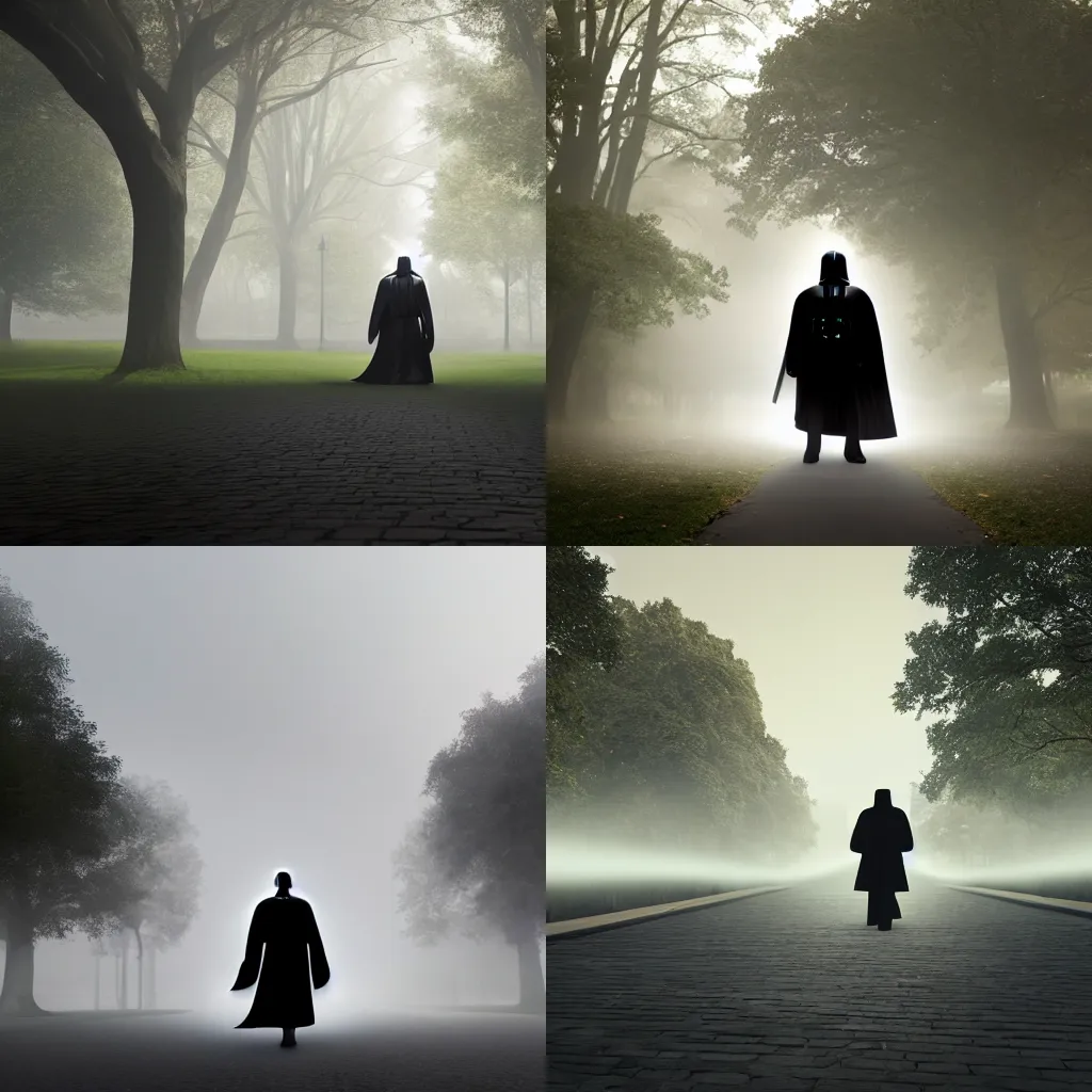 Prompt: a photograph of darth vader strolling at hyde park, morning fog, volumetric lighting, high detail, realistic, 4 k, dreamy, high detail render, unreal engine