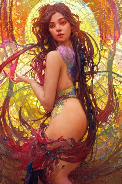 Prompt: an hiper intricate oil painting of a beautifull woman surounded by melting colorfull wax drips, colorfull, excelent composition, wide shot, by yoshitaka amano, by greg rutkowski, by alphonse mucha by jeremyg lipkinng, by rhads, by ross tran, artstation, octane render