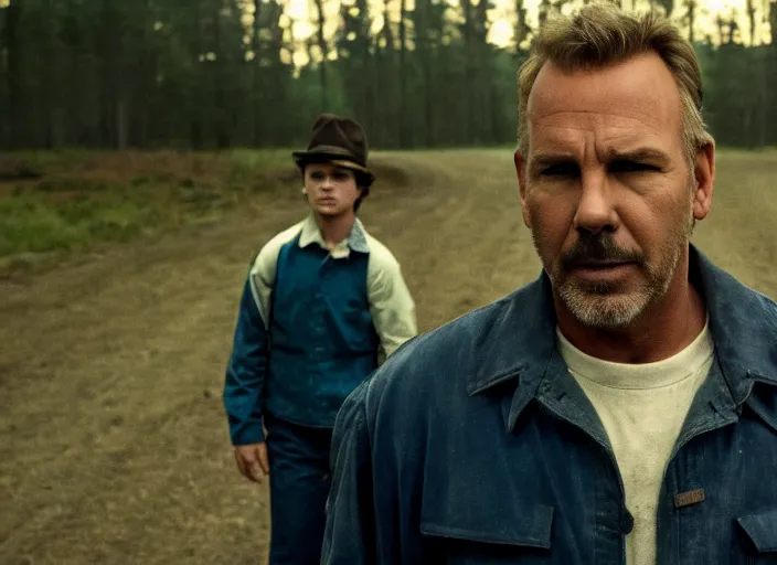 Prompt: film still of!!!!! kevin costner!!!!! as jim hopper in stranger things, 4 k