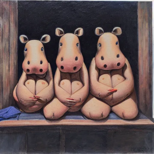 Image similar to Three Hippos wearing towels sitting in a sauna, oil painting