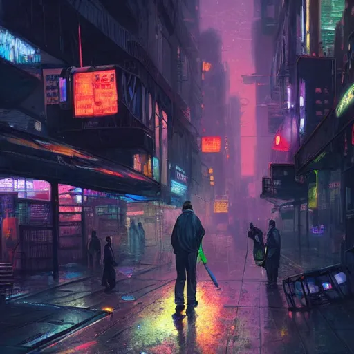 Image similar to man taking out trash near the crowded street of a cyberpunk city, rain, harsh neon lights, highly detailed, digital painting, trending on artstation, concept art, sharp focus, illustration, art by artgerm and greg rutkowski and magali villeneuve