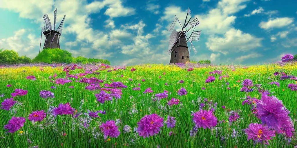 Image similar to scenic view of a flower meadow with a windmill, award - winning anime digital art