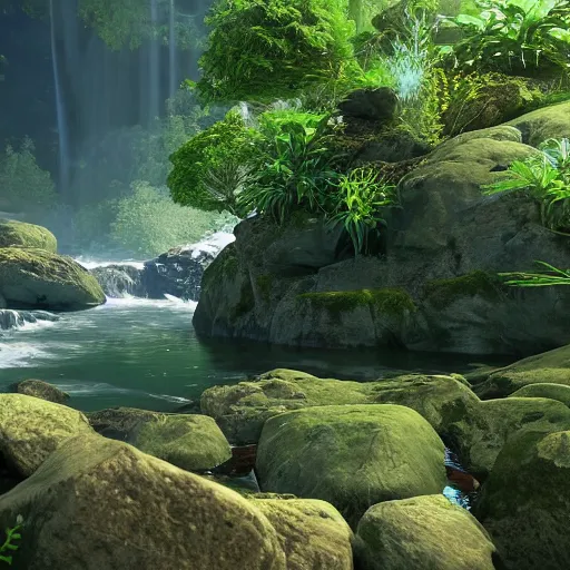 Image similar to a beautiful landscape, river, rocks, trees, volumetric lighting, octane render, nvidia raytracing demo, lush vegetation