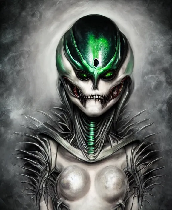 Image similar to xenomorph queen goth model skull eyes hybrid, dragon eggs, dark emerald mist colors, giger background liminal void, cinematic lighting, realistic, award winning photograph, various refining methods, micro macro autofocus