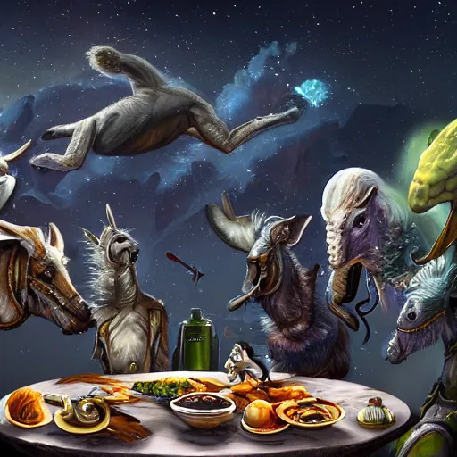 Prompt: zoom out, ultrarealistic, ultradetailed, war donkey eating breakfast, sitting on a futuristic table with aliens, at the end of the universe, very very very ultradetailed, epic fantasy style art, fantasy epic digital art, epic fantasy art, hearthstone style art, pathfinder, dungeons and dragons, floral, planets, stars, galaxies, highlights, organic, concept art