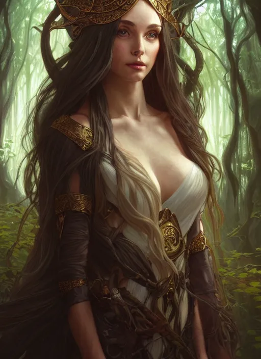 Image similar to portrait of a fantasy elf female sorceress queen with long hair flowing in an ancient forest filled with magic, highly detailed, digital painting, artstation, smooth, sharp focus, illustration, art by artgerm and greg rutkowski and alphonse mucha, fine face