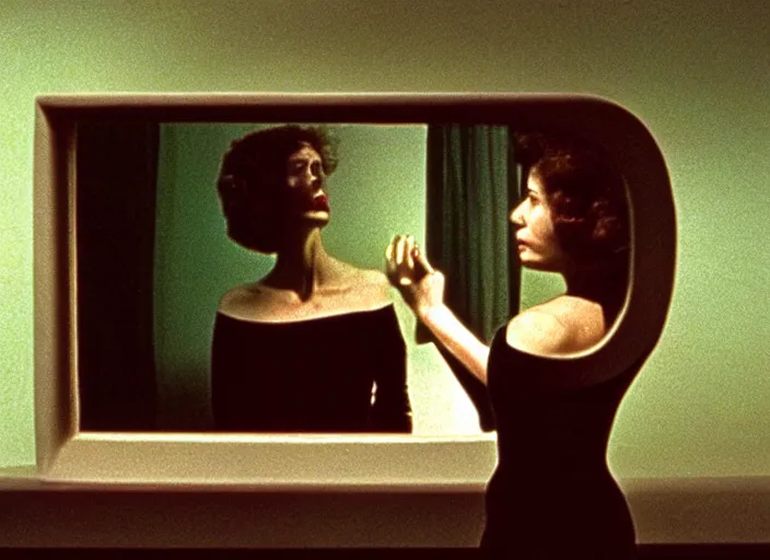 Prompt: still from a surreal 7 0 s film about parallel realities by maya deren, edward hopper, chirico and greg hildebrandt : : actress steps through a mirror : : surrealist objects and props : : cinestill 8 0 0 tungsten 3 5 mm, high quality, triadic color scheme, 8 k