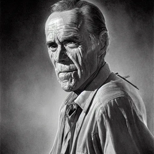 Image similar to a highly detailed epic cinematic concept art CG render digital painting artwork costume design: Henry Fonda as a 1950s tired disillusioned poet, barefoot, smoking a cigarette. volumetric lighting. By Greg Rutkowski, in the style of Francis Bacon and Syd Mead and Norman Rockwell and Beksinski, open ceiling, highly detailed, painted by Francis Bacon and Edward Hopper, painted by James Gilleard, surrealism, airbrush, Ilya Kuvshinov, WLOP, Stanley Artgerm, very coherent, triadic color scheme, realistic facial expression, art by Takato Yamamoto and James Jean