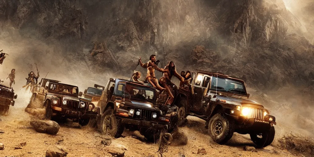Image similar to Mahindra thar, tribe members attacking, action scene, an epic fantasy, dramatic lighting, cinematic, establishing shot, extremely high detail, photorealistic, cinematic lighting, artstation, by christopher nolan, shadow of the tomb rider