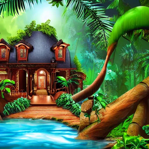 Image similar to jungle mansion with music studio rain high quality