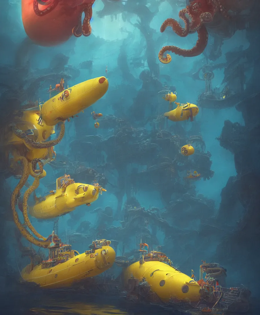 Prompt: giant octopus grabbing a submarine a yellow submarine underwater, illustrated by simon stalenhag and gaston bussiere, beautiful volumetric lighting style atmosphere, intricate, ultra detailed, photorealistic imagery, trending on artstation, octane render, 8 k