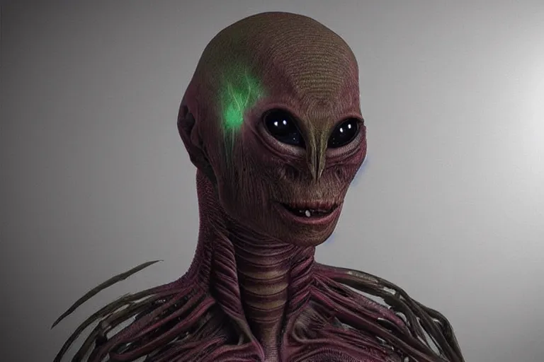 Prompt: “an alien wearing a human skin suit. Photorealistic. Dramatic lighting. Cosmic horror.”
