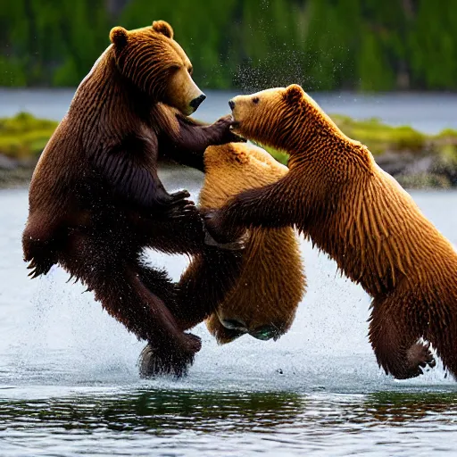 Image similar to kodiak bears kung - fu fighting on a lakefront using salmon as weapons, in the style of the flinstones,