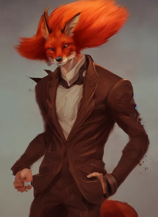 Image similar to a highly detailed illustration of attractive young red haired man with fox ears wearing brown suit, dramatic pose, intricate, elegant, highly detailed, centered, digital painting, artstation, concept art, smooth, sharp focus, league of legends concept art, wlop