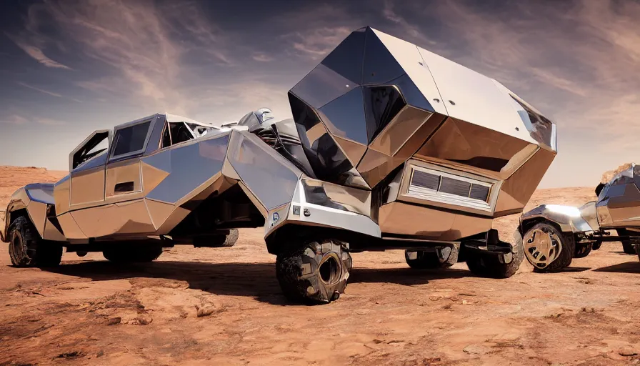 Prompt: professional photograph of a lifesize chrome Tonka Truck with very futuristic windows designed by Buckminster Fuller in a picturesque desert on Jupiter. Astronauts are standing near it, racking focus, depth of field, extreme panoramic, Dynamic Range, HDR, chromatic aberration, Orton effect intricate, elegant, highly detailed, artstation