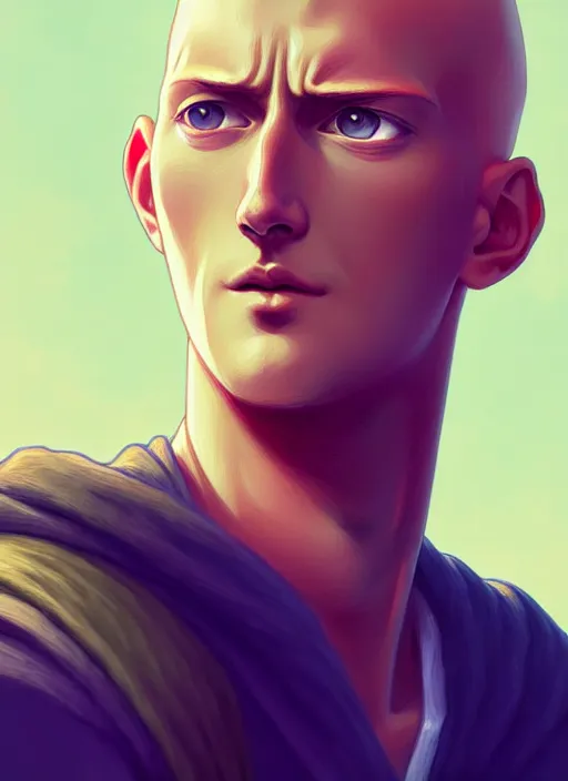 Image similar to handsome saitama, half body shot, path traced, highly detailed, high quality, digital painting, alena aenami, lilia alvarado, shinji aramaki, karol bak, alphonse mucha, tom bagshaw