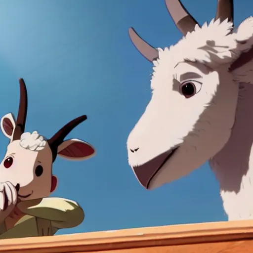 Image similar to a wholesome animation key shot of a goat smoking a joint, studio ghibli, pixar and disney animation, sharp, rendered in unreal engine 5, anime key art by greg rutkowski, bloom, dramatic lighting