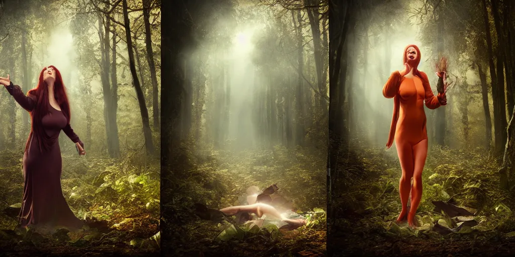 Image similar to clearing in forest, frightened woman by johannen voss by david cronenberg by francis bacon by peter kemp by octane render blender 8 k