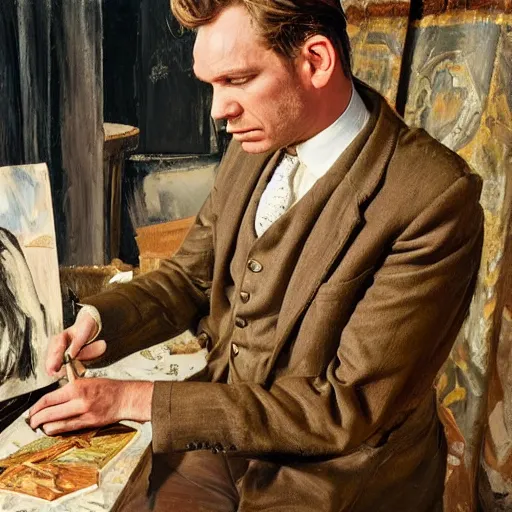 Prompt: high quality high detail painting by lucian freud, hd, ewan mcgregor painting a canvas on easel by river seine dressed as a gentleman in paris at early 2 0 th century. brown cat with him