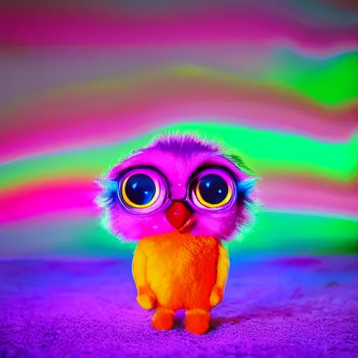 Image similar to a cute colorful furby, photography, golden hour, bokeh, colorful, saturated, cinematic lighting, volumetric light, 8 k