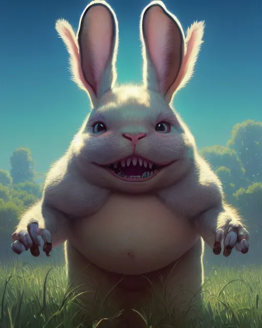 Image similar to highly detailed surreal vfx portrait of a cute, happy big chungus, stephen bliss, unreal engine, greg rutkowski, loish, rhads, beeple, makoto shinkai and lois van baarle, ilya kuvshinov, rossdraws, tom bagshaw, alphonse mucha, global illumination, detailed and intricate environment