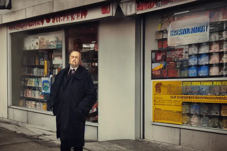 Prompt: an ultra realistic colour cinematic headshot portrait of an evil scientist, stood outside a corner shop, foggy, colour, detailed, deep focus, movie still, dramatic lighting, by fay godwin