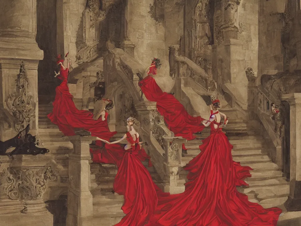 Image similar to An impressive castle entrance, a beautiful woman wearing a red dress, coming down the stairs, sided by two fierce Dobermans, painted by Desiderio Monsu