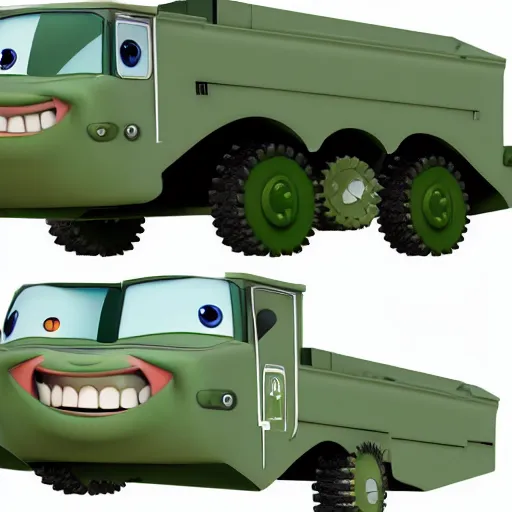 Prompt: HIMARS with eyes and smile, Cars Pixar movie style, detailed, green