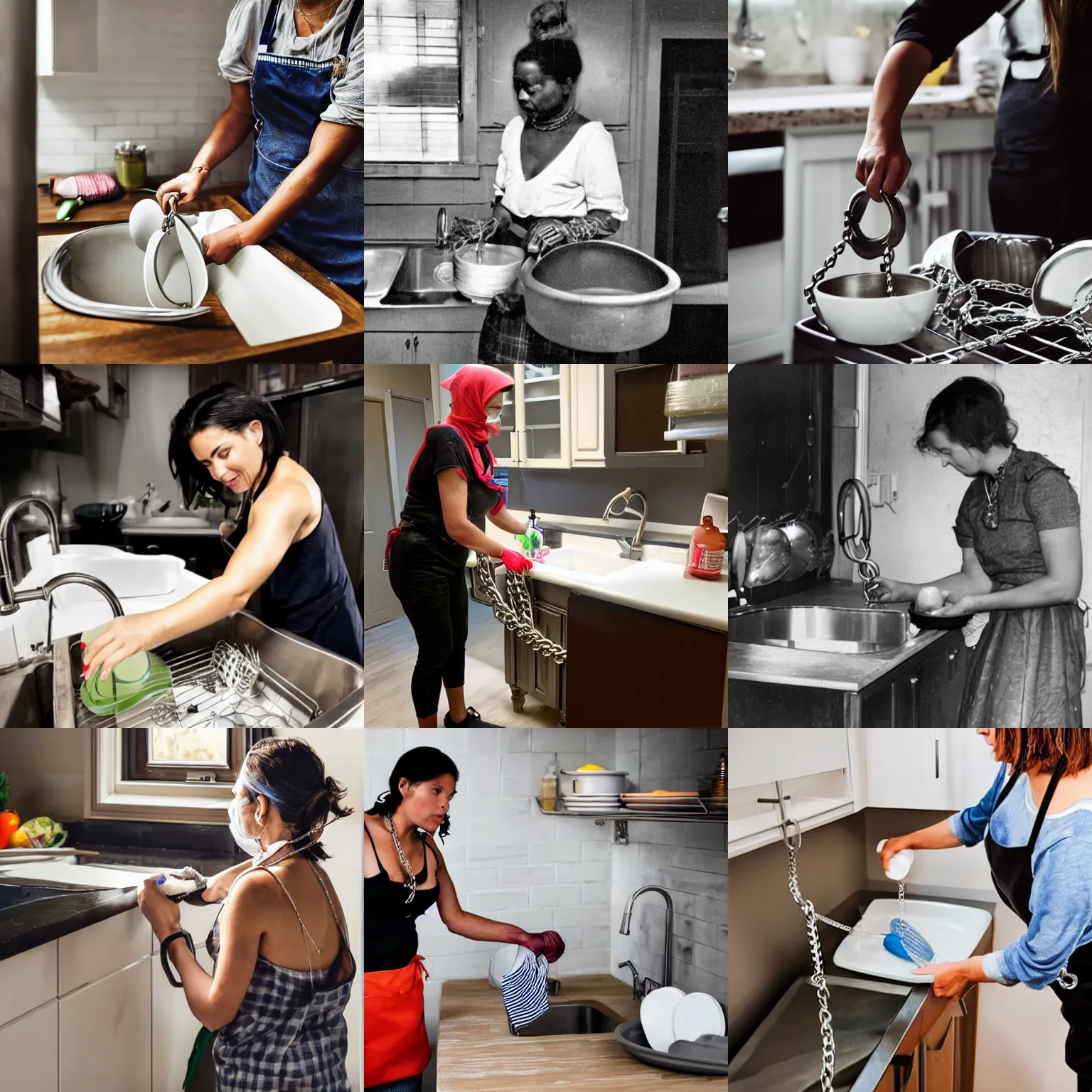 Prompt: a photo of a woman doing the dishes while chained to the counter with a chain.