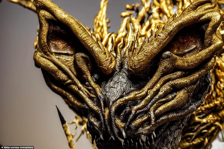 Prompt: photo taken of an epic intricate, ultra detailed, super realistic sculpture of a nightmarish hellish demonic creature on display in a workshop, created by weta workshop, zoomed in shots, photorealistic, sharp focus, f 0. 4, face centred, macro photography, golden ratio, golden hour