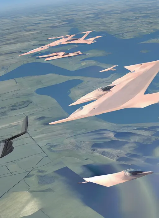 Image similar to hyperrealism, detailed textures, photorealistic 3 d, pilots view of squad flying futuristic stealth fighter jets, flying ultra low over an endless plain of flamingos, ultra realistic, cinematic, intricate, cinematic light, unreal engine 8 k