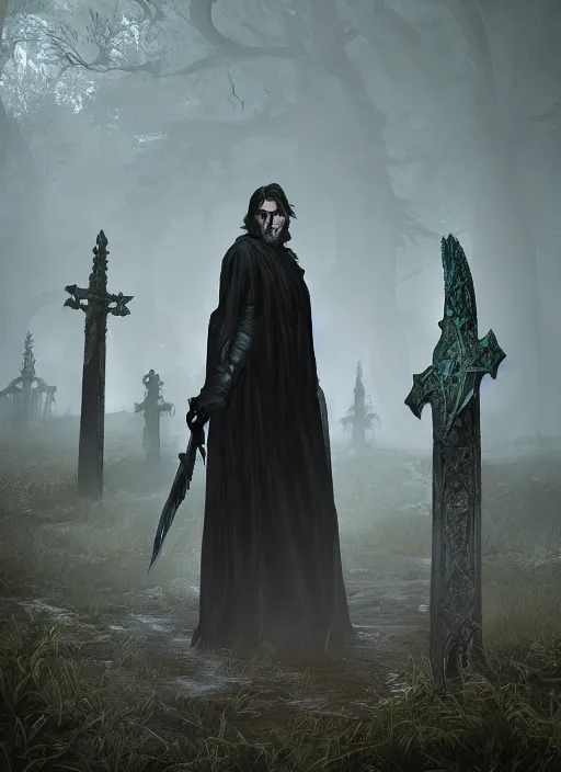 Image similar to A fantasy comic book style portrait painting of Christian Bale as a necromancer in a creepy misty graveyard setting, unreal 5, DAZ, hyperrealistic, octane render, RPG portrait, dynamic lighting