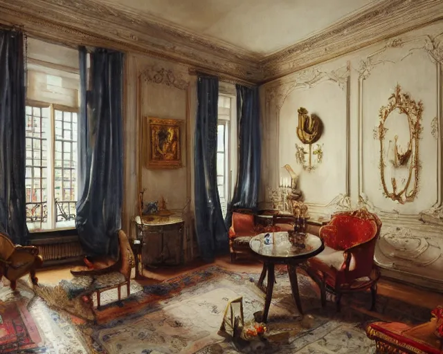 Image similar to a beautiful parisian apartment with and antique furniture with a view of the city, interior design, architecture, key lighting, soft lights, by steve hanks, by edgar maxence, by caravaggio, by michael whelan, by delacroix, by serov valentin, by tarkovsky, 8 k render, detailed, oil on canvas