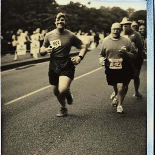 Image similar to a pig running a maraton, polaroid photograph